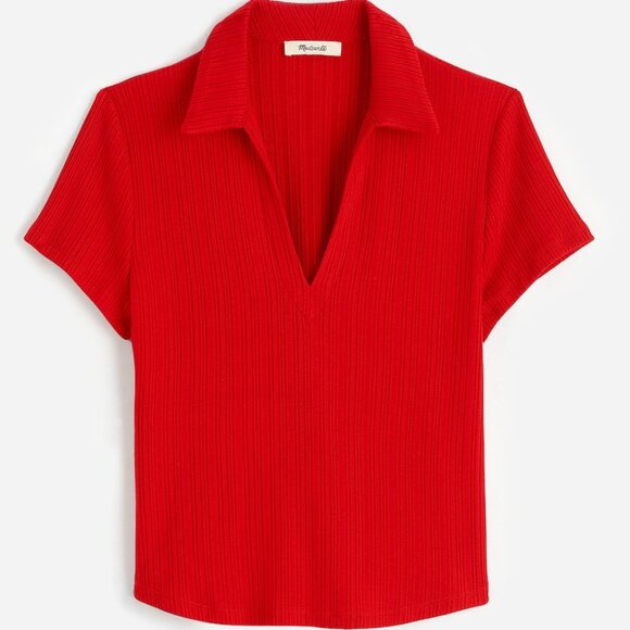 NWT Madewell Ribbed‎ V-Neck Tencel Polo Tee Red Size Large - Picture 1 of 10